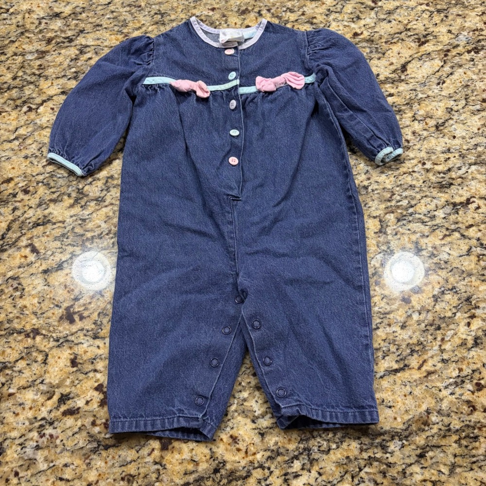 Vintage Sears Girl Denim Romper 18 M Blue Long Sleeve Pink Bows Snap Leg